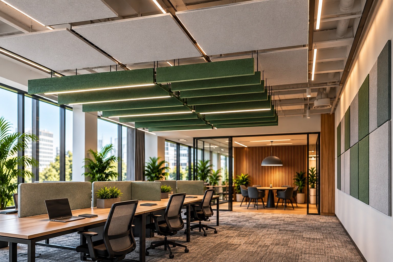 Calm open-plan workplace with acoustic treatments
