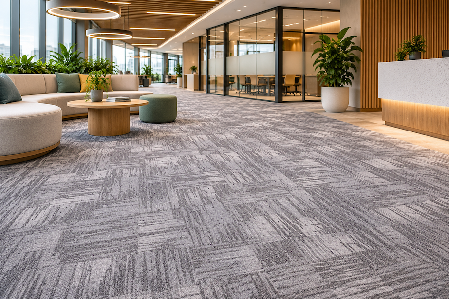 Open workspace with carpeted floor and clustered work areas