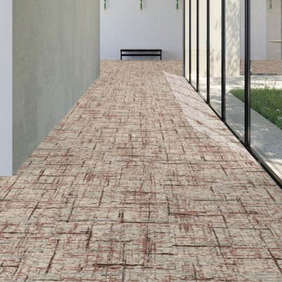 Contemporary interior with a continuous carpeted floor plane