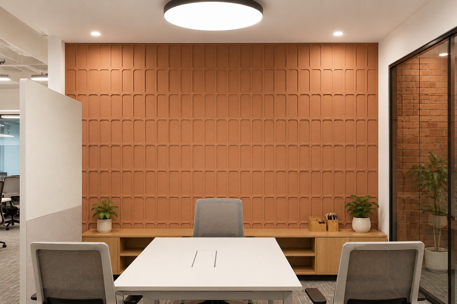 Focused work area with soft acoustic wall finishes